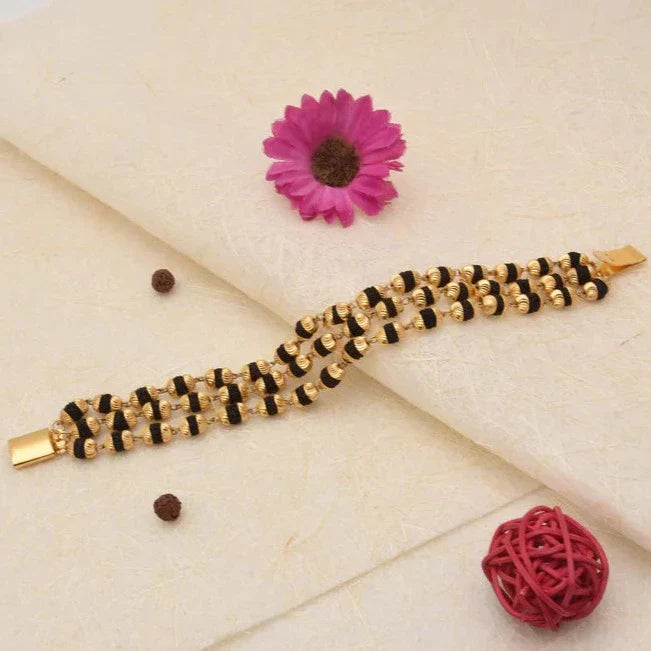 Attention-Getting Design 3 Line Gold Plated Rudraksha Bracelet for Men - Style B773 - AmazingBaba