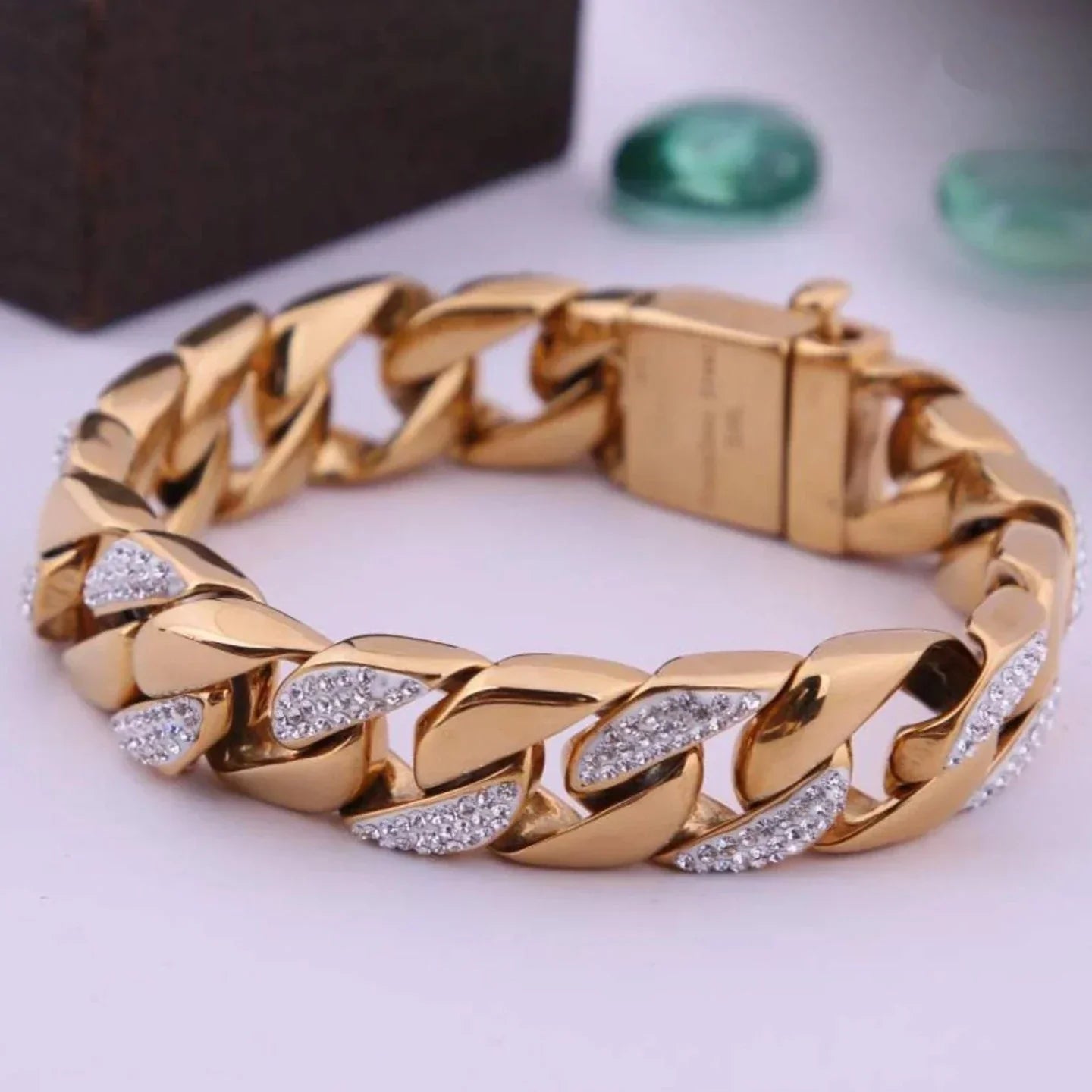 Big Golden Superior Quality Bracelet With Diamonds - Style A474 - AmazingBaba