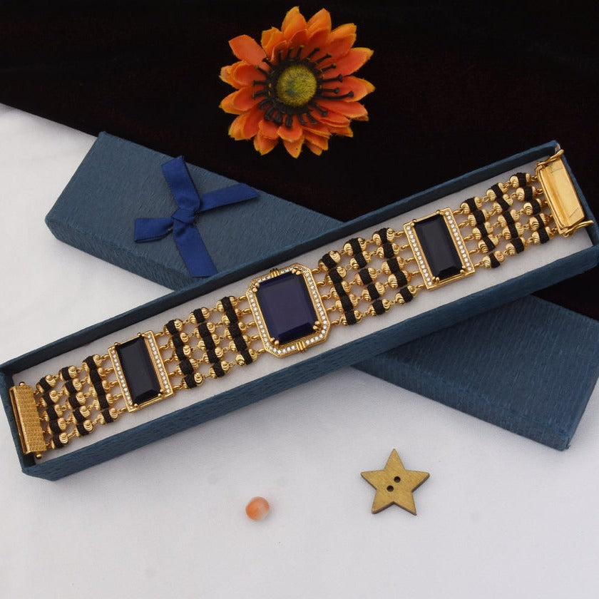 Black & Blue Stone Rudraksh with Diamond Latest Design Gold Plated Bracelet for Men - Style C730/29 - AmazingBaba