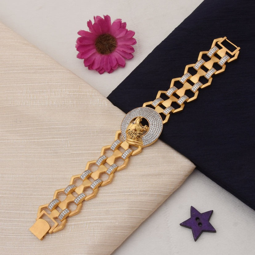 1 Gram Gold Plated Lion with Diamond Latest Design Bracelet for Men - Style C756 - AmazingBaba