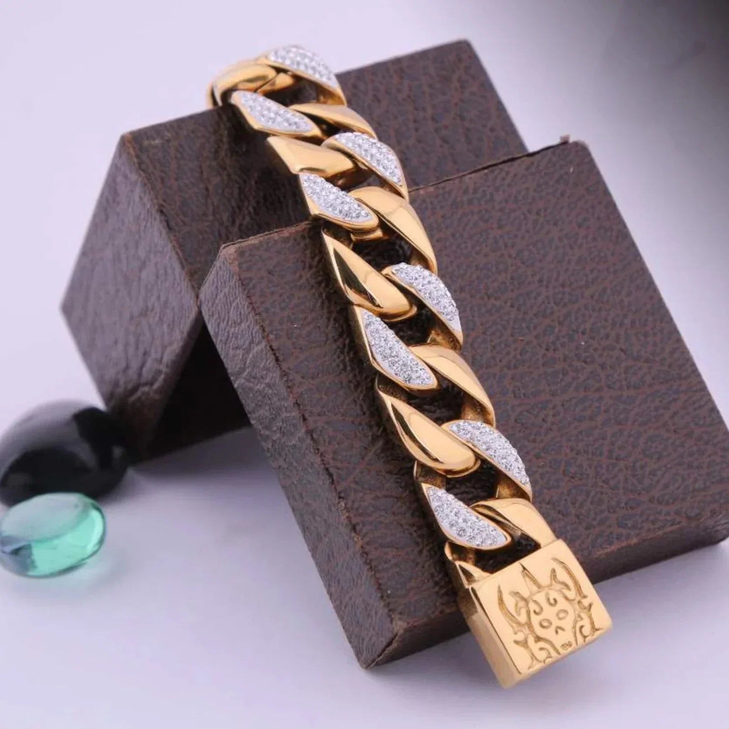 Big Golden Superior Quality Bracelet With Diamonds - Style A474 - AmazingBaba