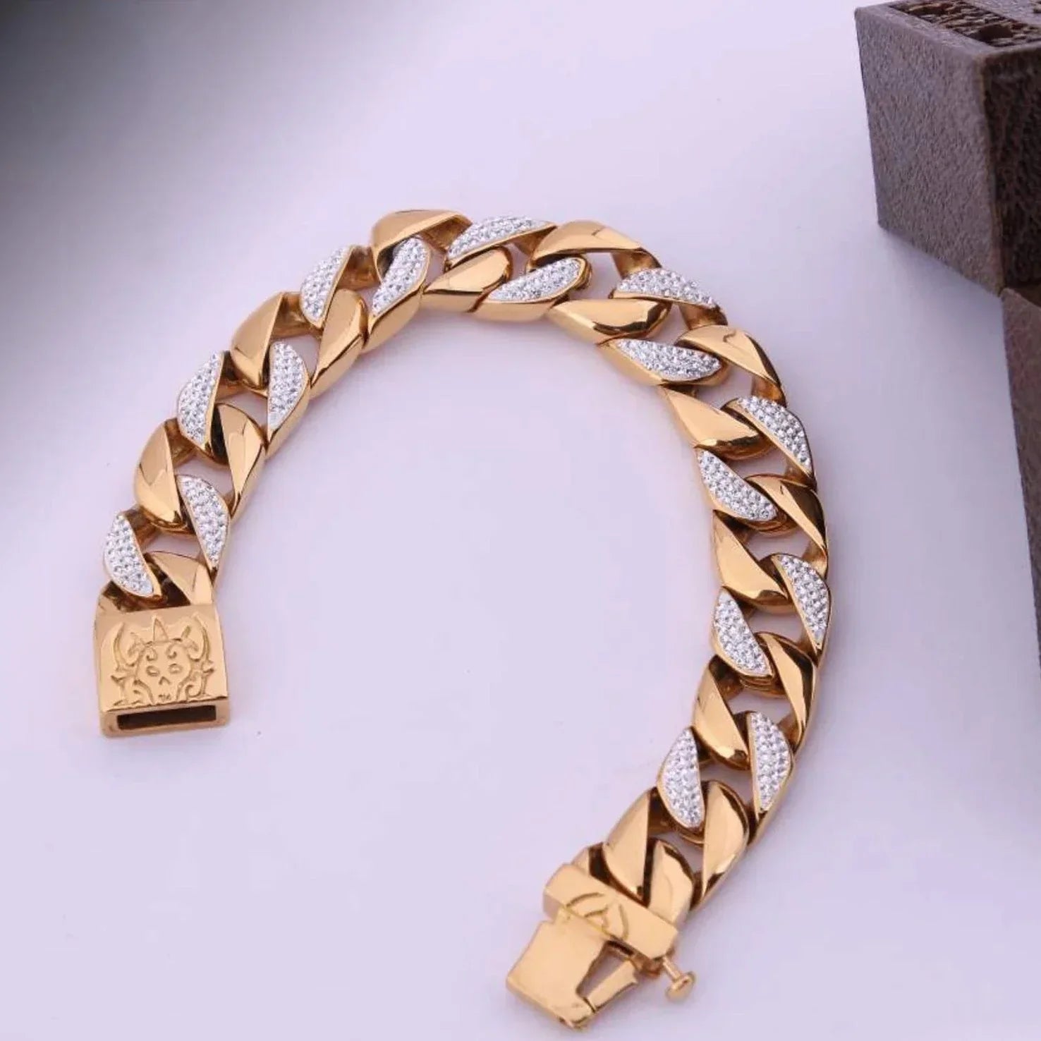 Big Golden Superior Quality Bracelet With Diamonds - Style A474 - AmazingBaba