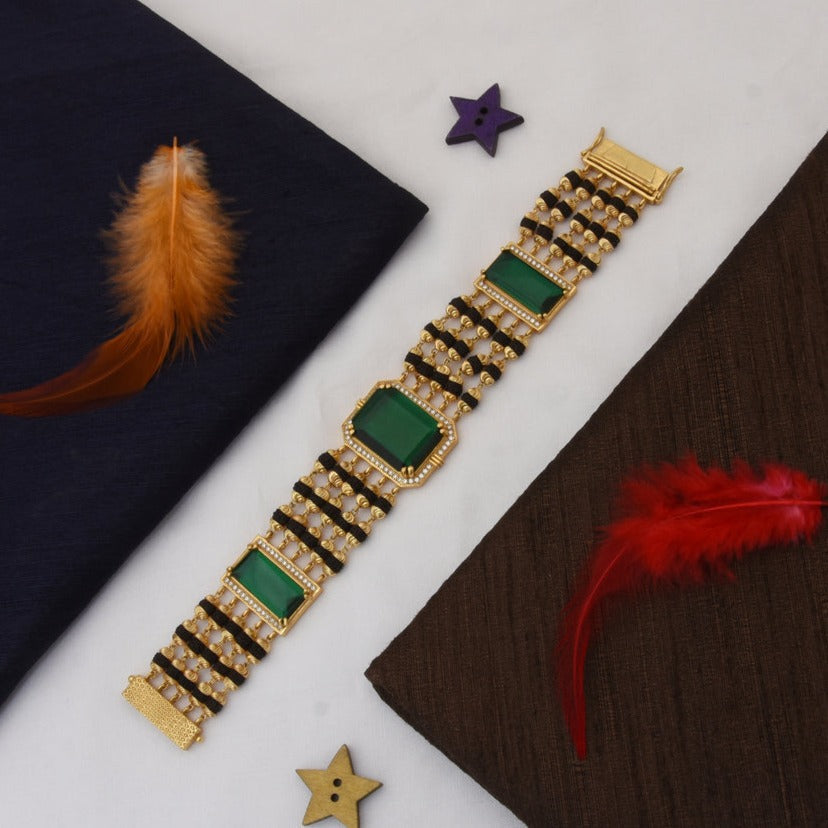 Green Stone Rudraksh with Diamond Best Quality Gold Plated Bracelet for Men - Style C727 - AmazingBaba