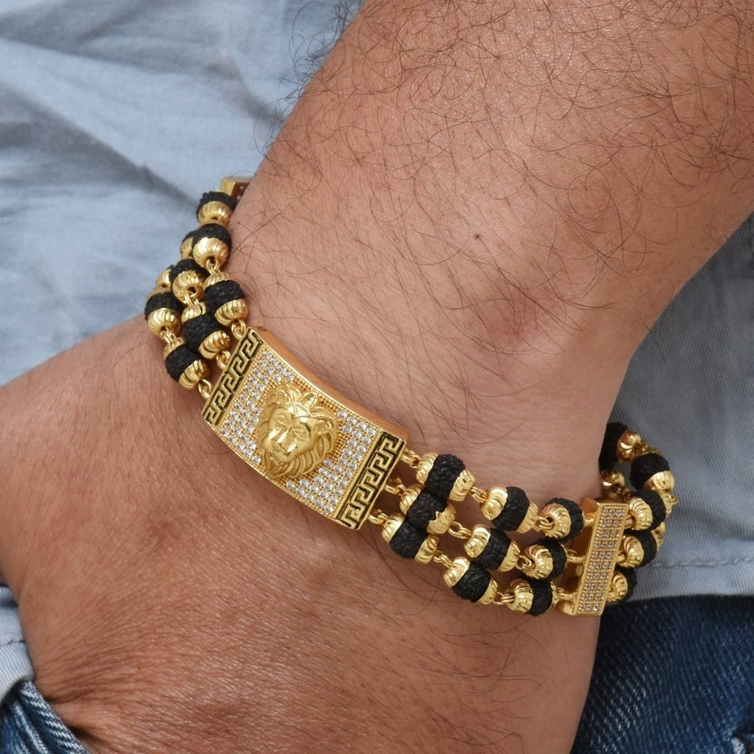 Lion Best Quality Durable Design Gold Plated Rudraksha Bracelet for Men - Style C736 - AmazingBaba