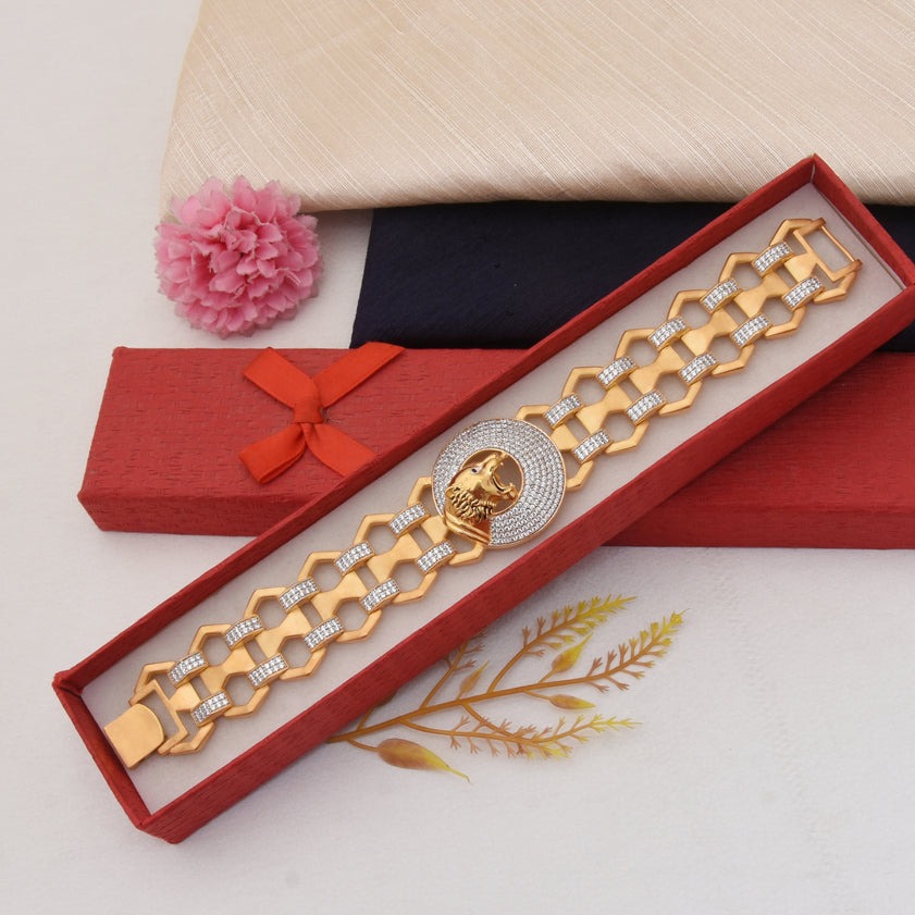 1 Gram Gold Plated Lion with Diamond Latest Design Bracelet for Men - Style C756 - AmazingBaba