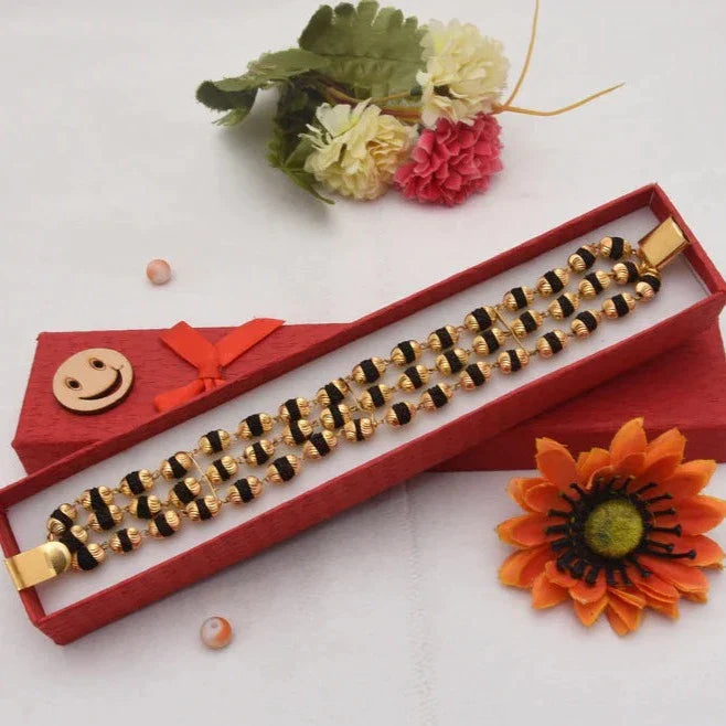 Attention-Getting Design 3 Line Gold Plated Rudraksha Bracelet for Men - Style B773 - AmazingBaba