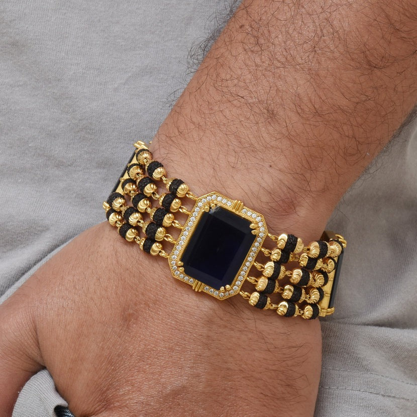 Black & Blue Stone Rudraksh with Diamond Latest Design Gold Plated Bracelet for Men - Style C730/29 - AmazingBaba