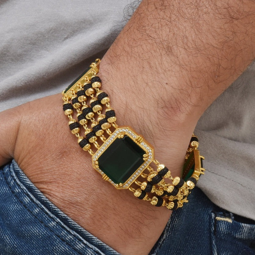 Green Stone Rudraksh with Diamond Best Quality Gold Plated Bracelet for Men - Style C727 - AmazingBaba