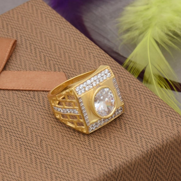 1 Gram Gold Plated Wihte with Diamond Glamorous Design Ring for Men - Style B379 - AmazingBaba