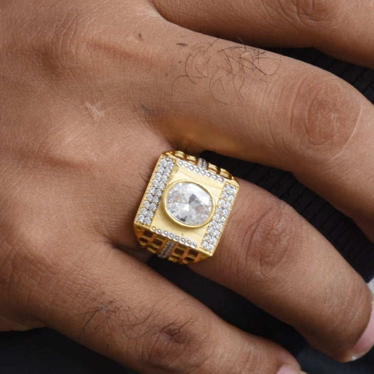 1 Gram Gold Plated Wihte with Diamond Glamorous Design Ring for Men - Style B379 - AmazingBaba