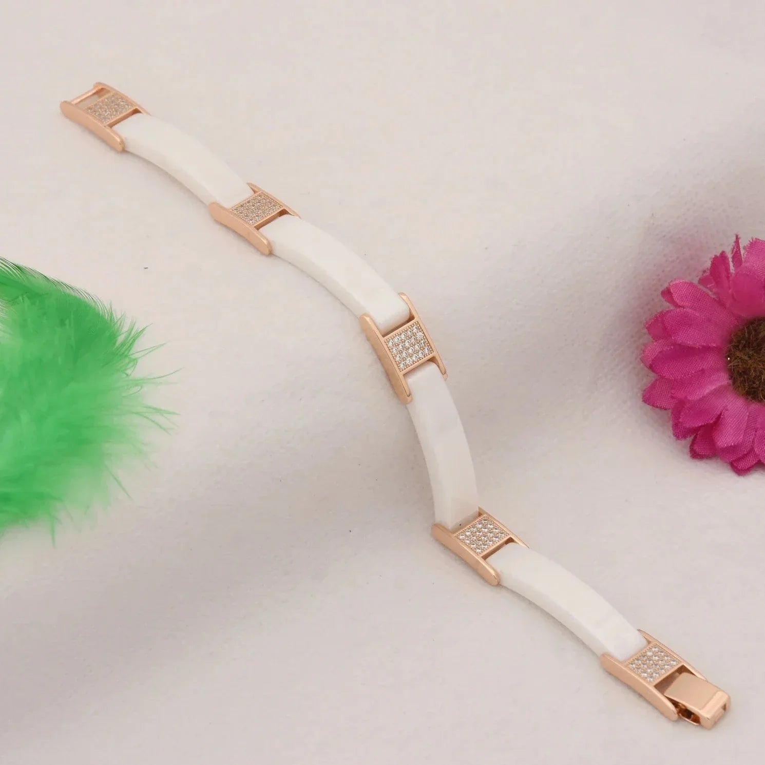 White & Rose Gold with Diamond FinelyCeramic Bracelet - Style C446 - AmazingBaba