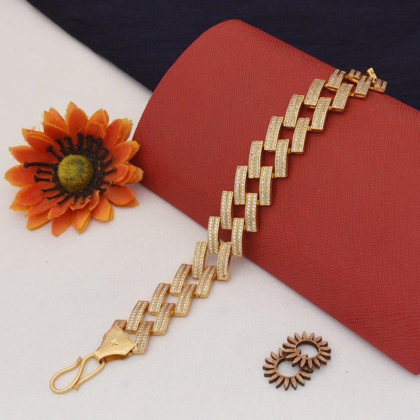 Full Diamonds ZigZag Design Gold Plated Bracelet For Men - Style A744