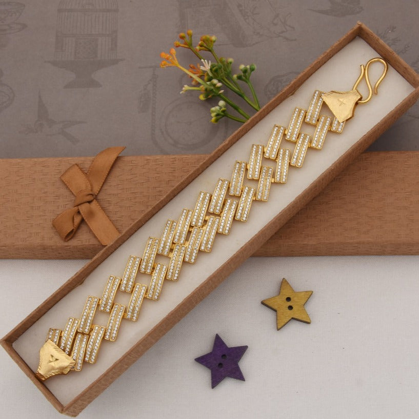 Full Diamonds ZigZag Design Gold Plated Bracelet For Men - Style A744