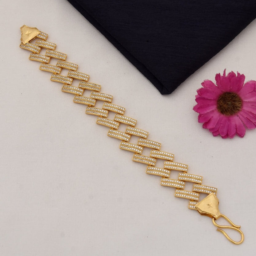 Full Diamonds ZigZag Design Gold Plated Bracelet For Men - Style A744